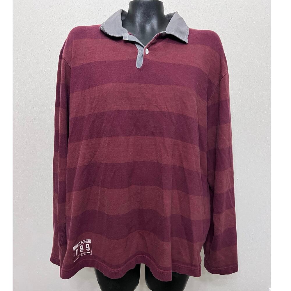 Vintage Y2K 90s Structure Rugby Long Sleeved Maroon Stripe Shirt Men’s XL Preppy